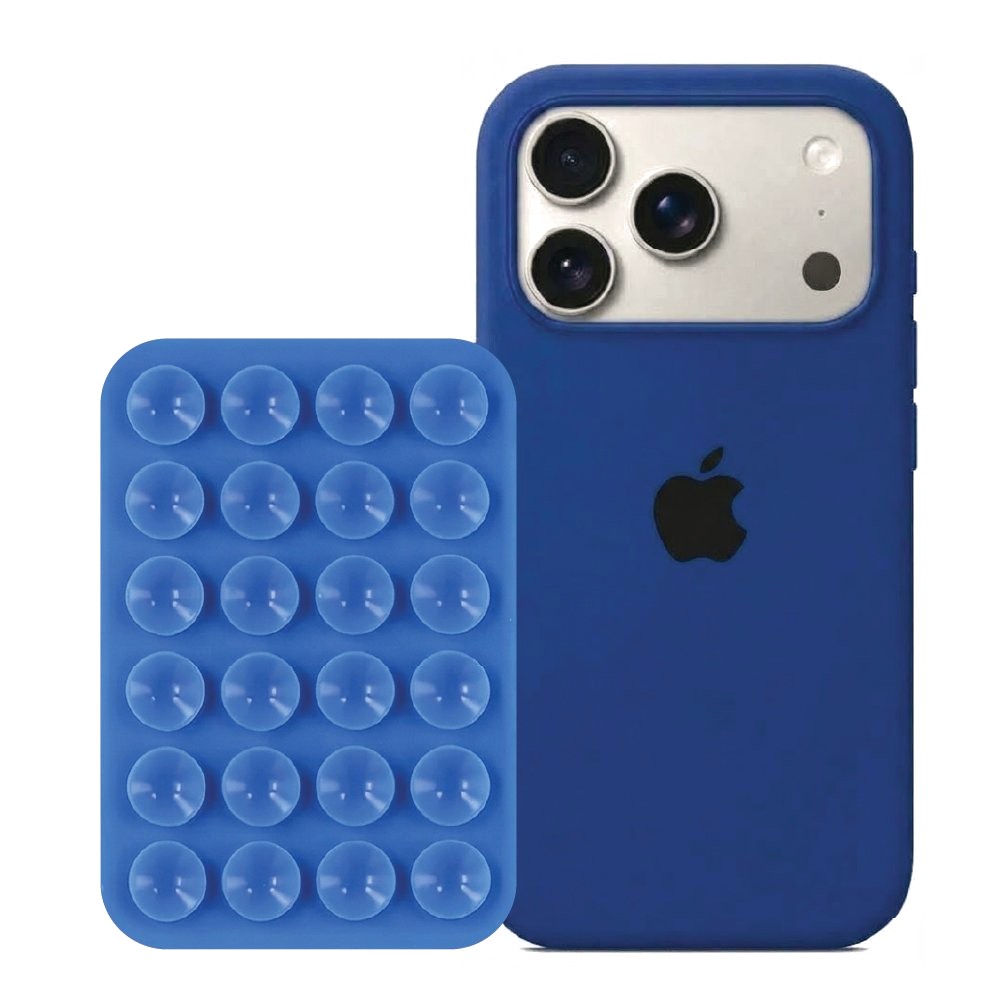 iPhone 17 Pro Liquid Silicone case in Royal Blue with a Blue suction phone holder