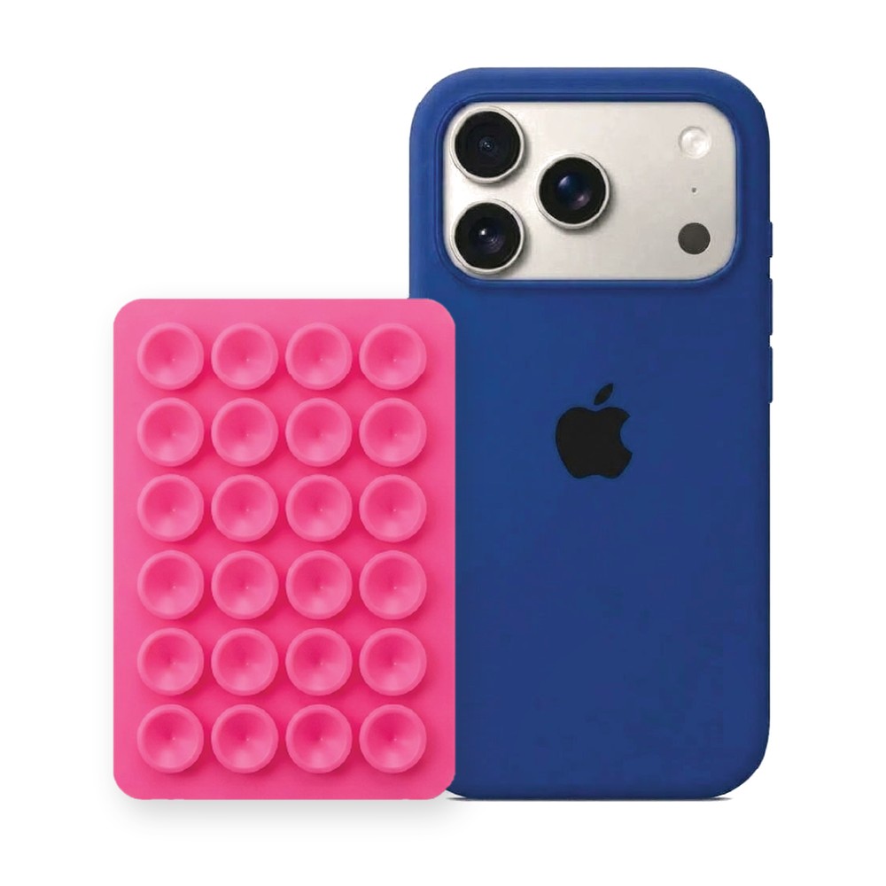 iPhone 17 Pro Liquid Silicone case in Royal Blue with a Hot Pink suction phone holder