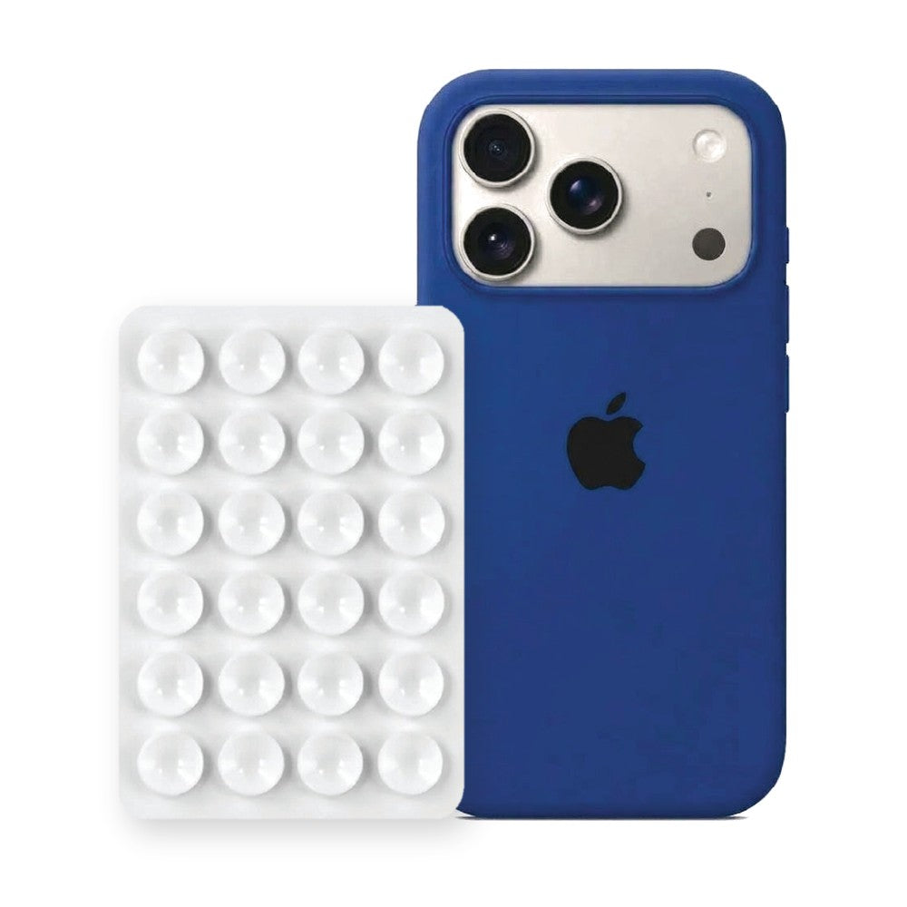 iPhone 17 Pro Liquid Silicone case in Royal Blue with a White suction phone holder