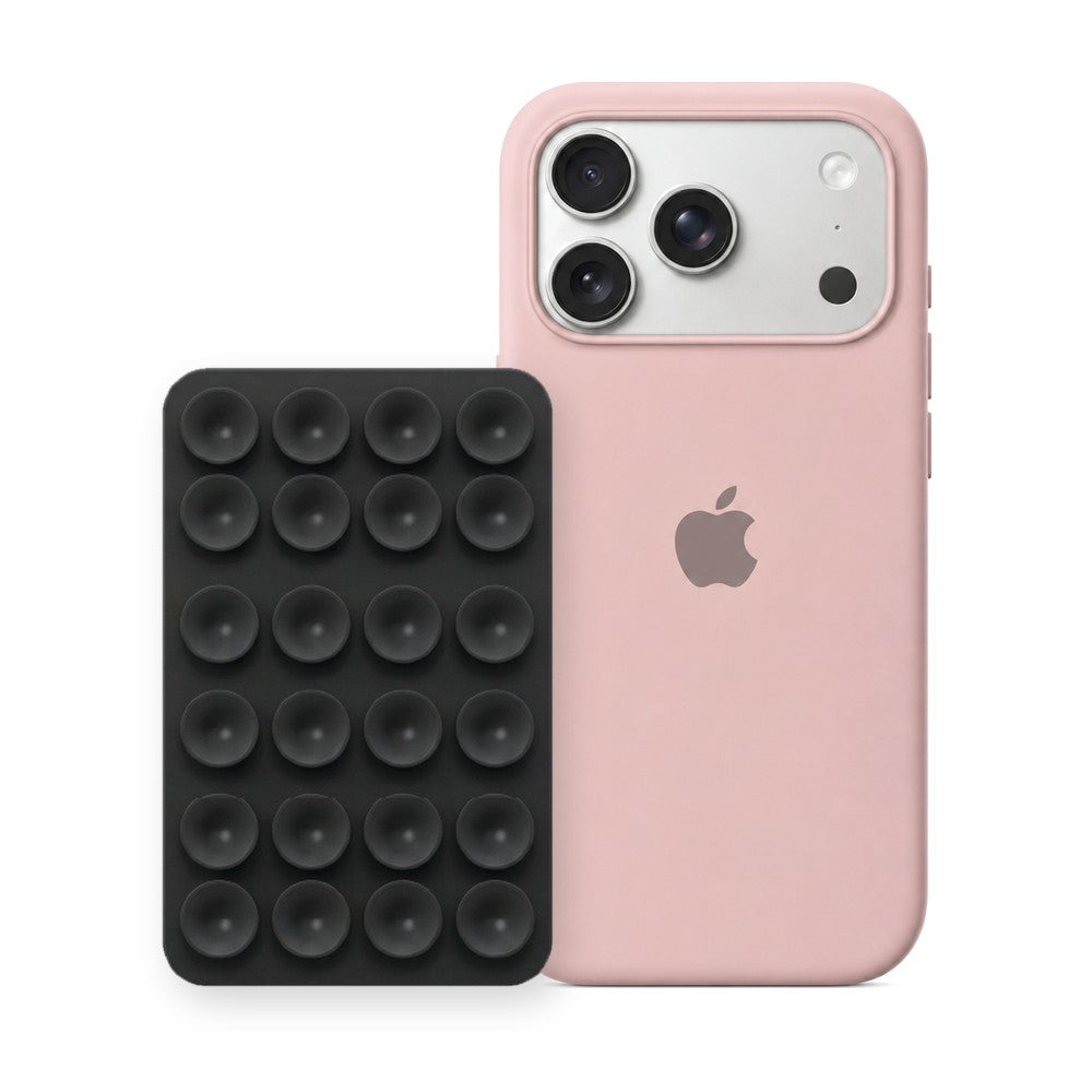iPhone 17 Pro Liquid Silicone case in Sand Pink with a Black suction phone holder