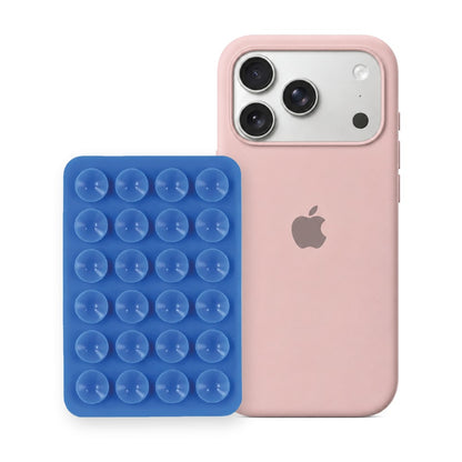 iPhone 17 Pro Liquid Silicone case in Sand Pink with a Blue suction phone holder
