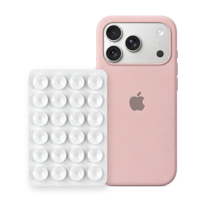 iPhone 17 Pro Liquid Silicone case in Sand Pink with a White suction phone holder