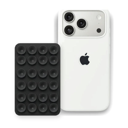 iPhone 17 Pro Liquid Silicone case in White with a Black suction phone holder