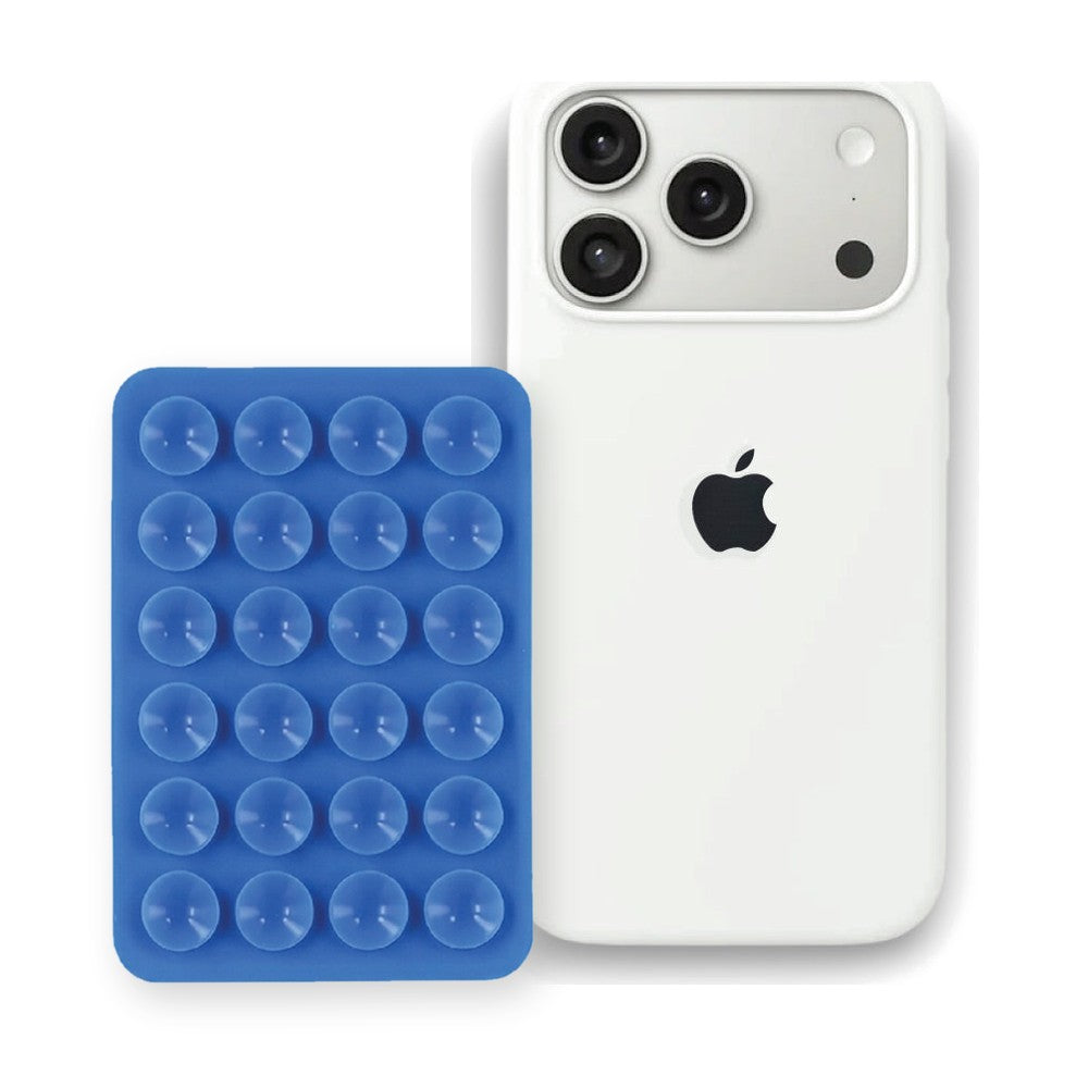iPhone 17 Pro Liquid Silicone case in White with a Blue suction phone holder