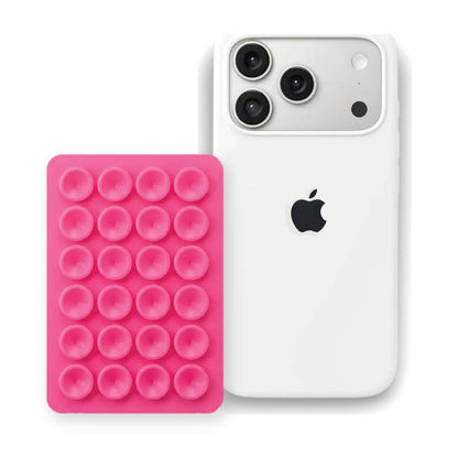 iPhone 17 Pro Liquid Silicone case in White with a Hot Pink suction phone holder
