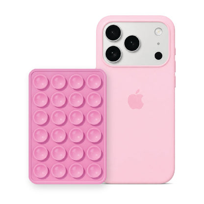 iPhone 17 Pro Max Liquid Silicone case in Baby Pink with a Light Pink suction phone holder