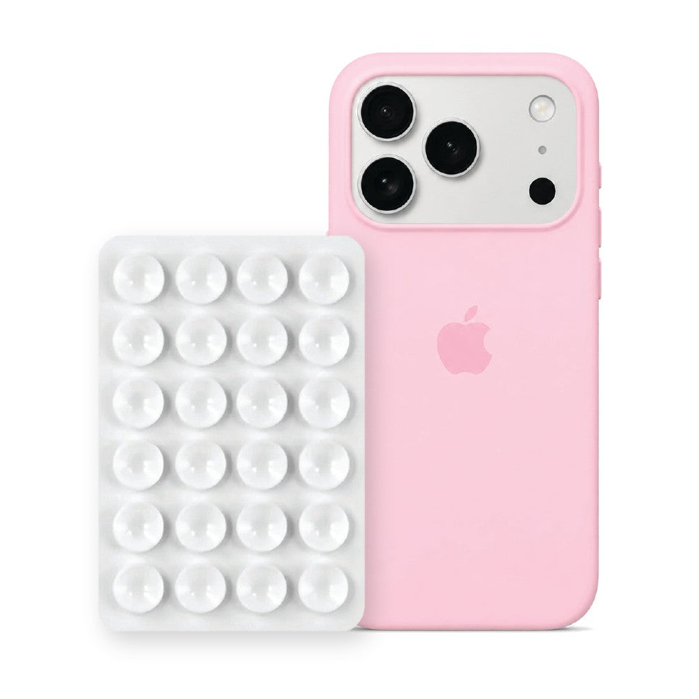 iPhone 17 Pro Max Liquid Silicone case in Baby Pink with a White suction phone holder