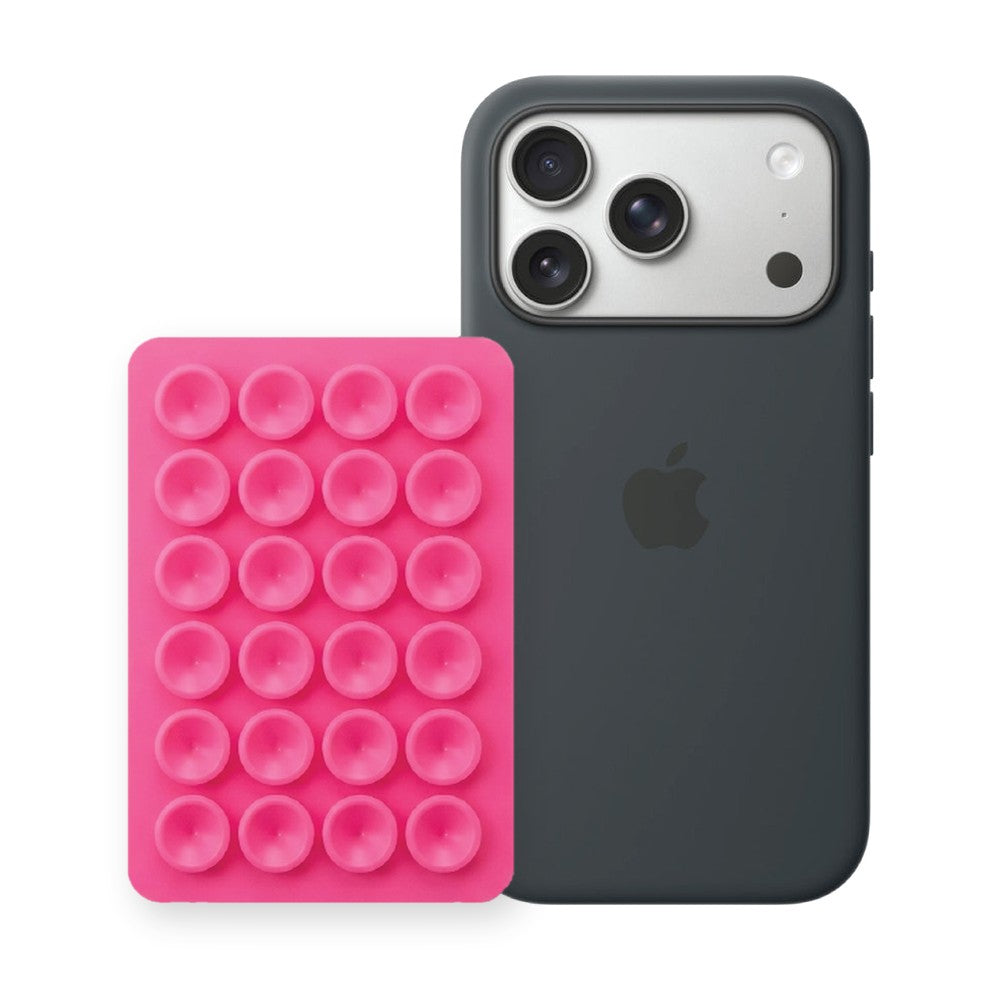 iPhone 17 Pro Max Liquid Silicone case in Black with a Hot Pink suction phone holder