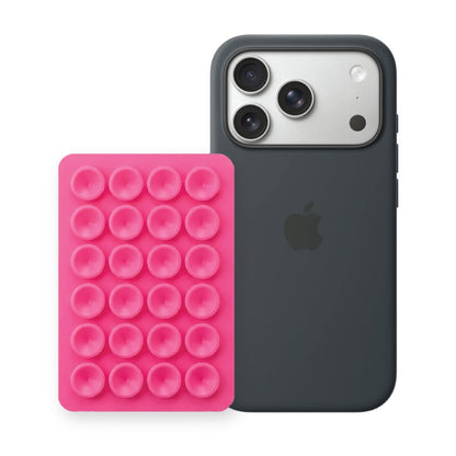iPhone 17 Pro Max Liquid Silicone case in Black with a Hot Pink suction phone holder
