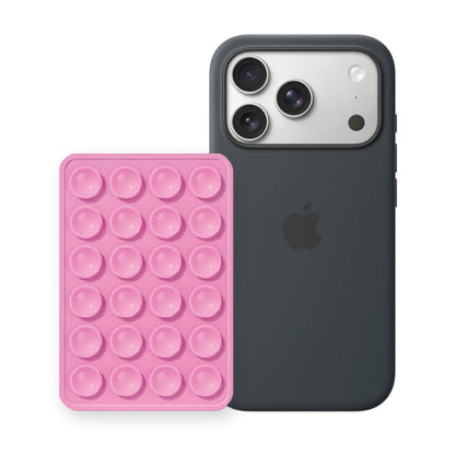 iPhone 17 Pro Max Liquid Silicone case in Black with a Light Pink suction phone holder