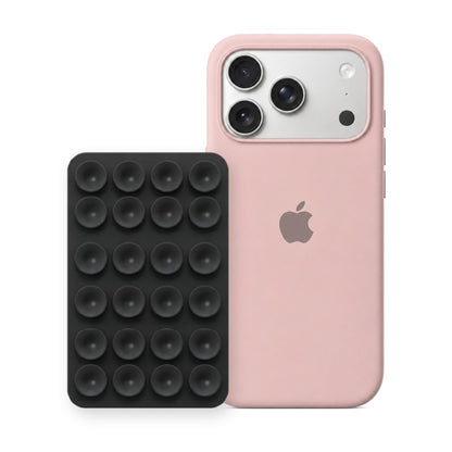 iPhone 17 Pro Max Liquid Silicone case in Sand Pink with a Black suction phone holder