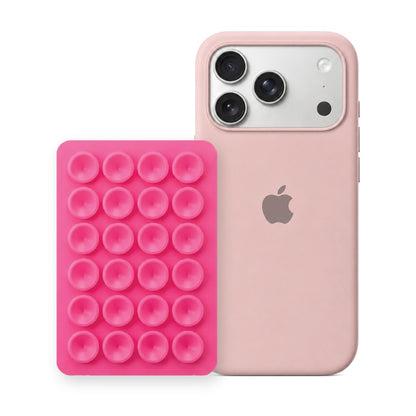 iPhone 17 Pro Max Liquid Silicone case in Sand Pink with a Hot Pink suction phone holder