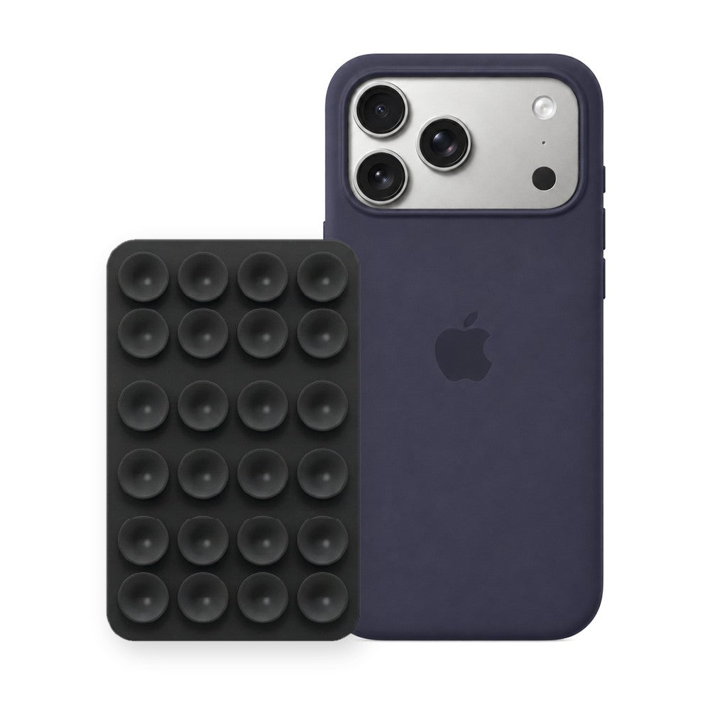 iPhone 17 Pro Max Liquid Silicone case in Storm Blue with a Black suction phone holder
