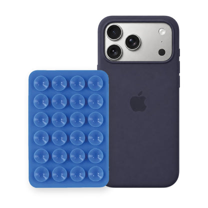 iPhone 17 Pro Max Liquid Silicone case in Storm Blue with a Blue suction phone holder