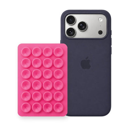 iPhone 17 Pro Max Liquid Silicone case in Storm Blue with a Hot Pink suction phone holder