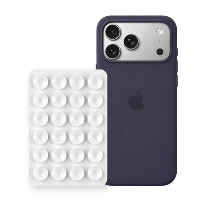 iPhone 17 Pro Max Liquid Silicone case in Storm Blue with a White suction phone holder