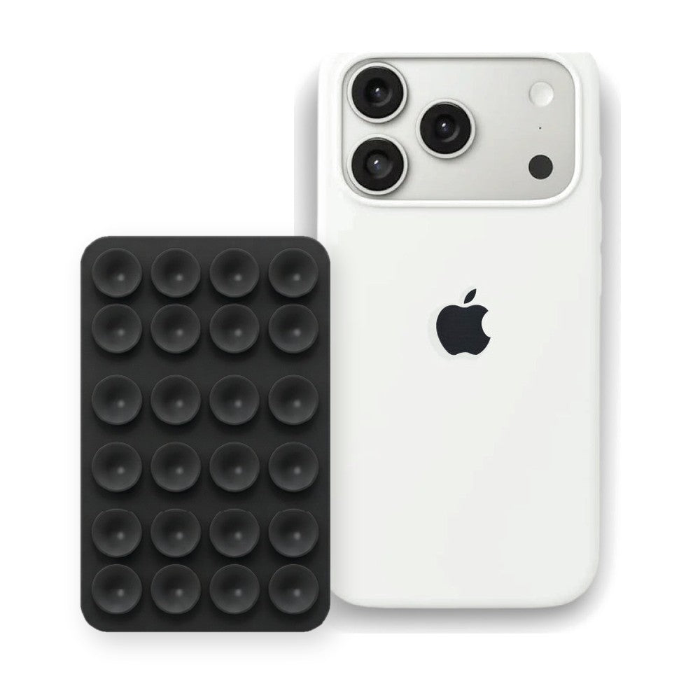iPhone 17 Pro Max Liquid Silicone case in White with a Black suction phone holder