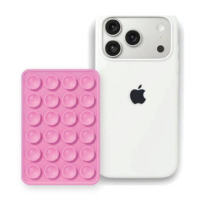 iPhone 17 Pro Max Liquid Silicone case in White with a Light Pink suction phone holder