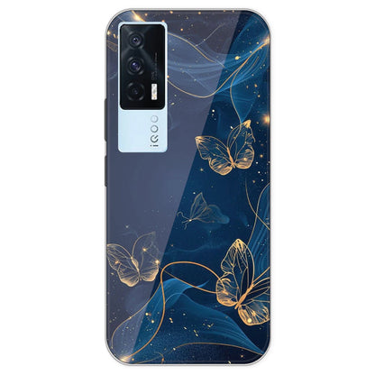 Blue With Gold Butterflies - Printed Silicone Case For IQOO 7