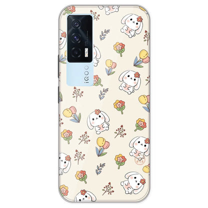 Cute Bunny And Flowers- Printed Silicone Case For IQOO 7