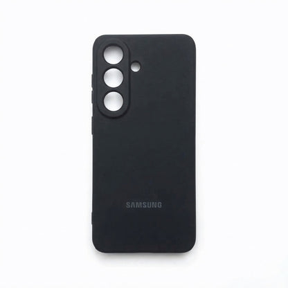 Black liquid silicone case for Samsung Galaxy S25 – soft matte back cover with raised camera ring