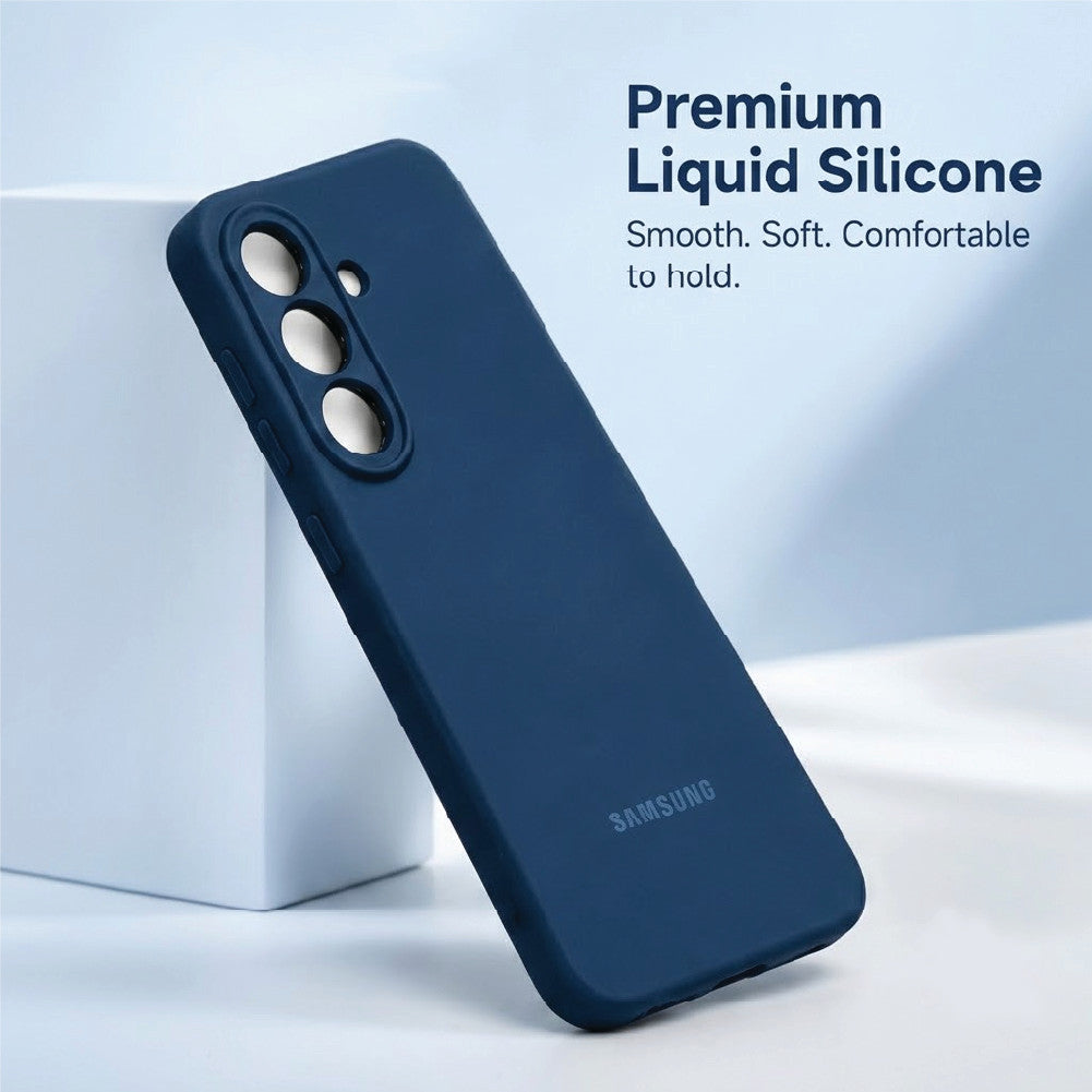 Samsung Galaxy S25 in blue liquid silicone case – smooth, soft and comfortable to hold