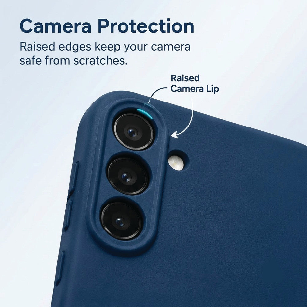 Samsung Galaxy S25 blue silicone case camera protection – raised lip keeps lenses safe from scratches