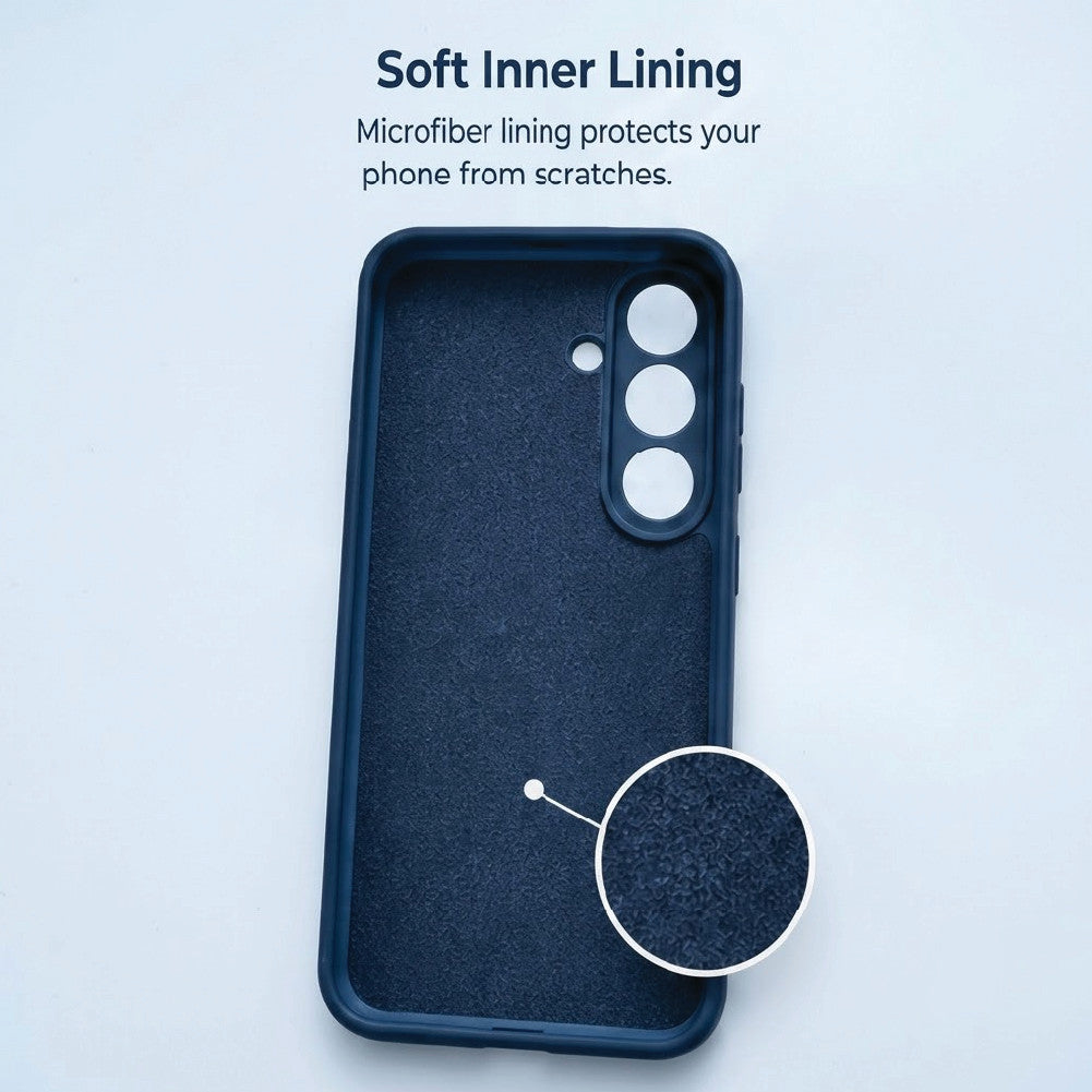 Inside of Samsung Galaxy S25 liquid silicone case – soft microfiber lining protects the phone