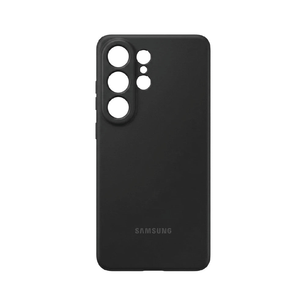 Black liquid silicone case for Samsung Galaxy S25 Ultra – soft matte back cover with raised camera ring