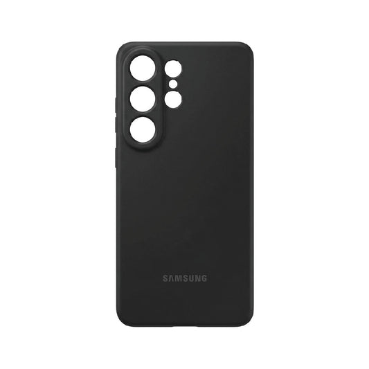 Black liquid silicone case for Samsung Galaxy S25 Ultra – soft matte back cover with raised camera ring