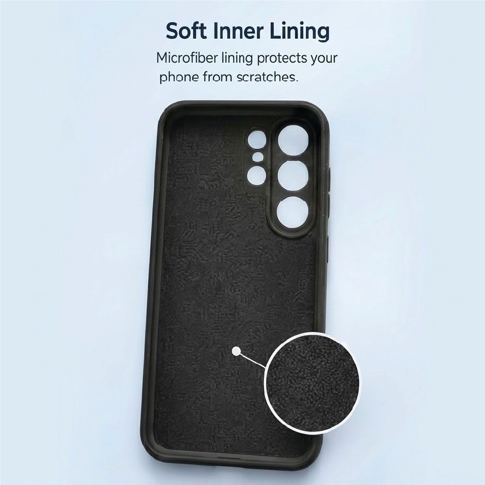 Inside of Samsung Galaxy S25 Ultra liquid silicone case – soft microfiber lining protects the phone