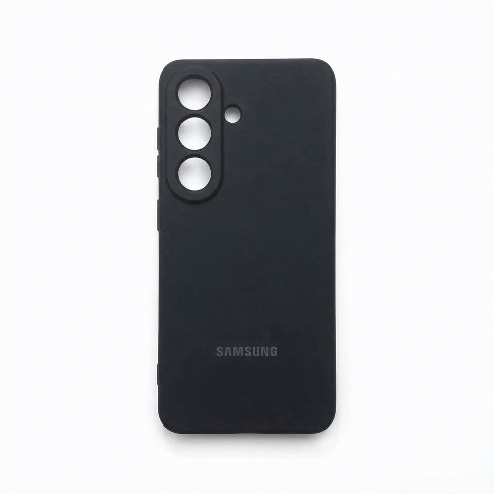 Black liquid silicone case for Samsung Galaxy S26 – soft matte back cover with raised camera ring