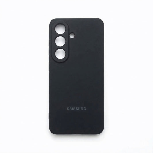 Black liquid silicone case for Samsung Galaxy S26 – soft matte back cover with raised camera ring