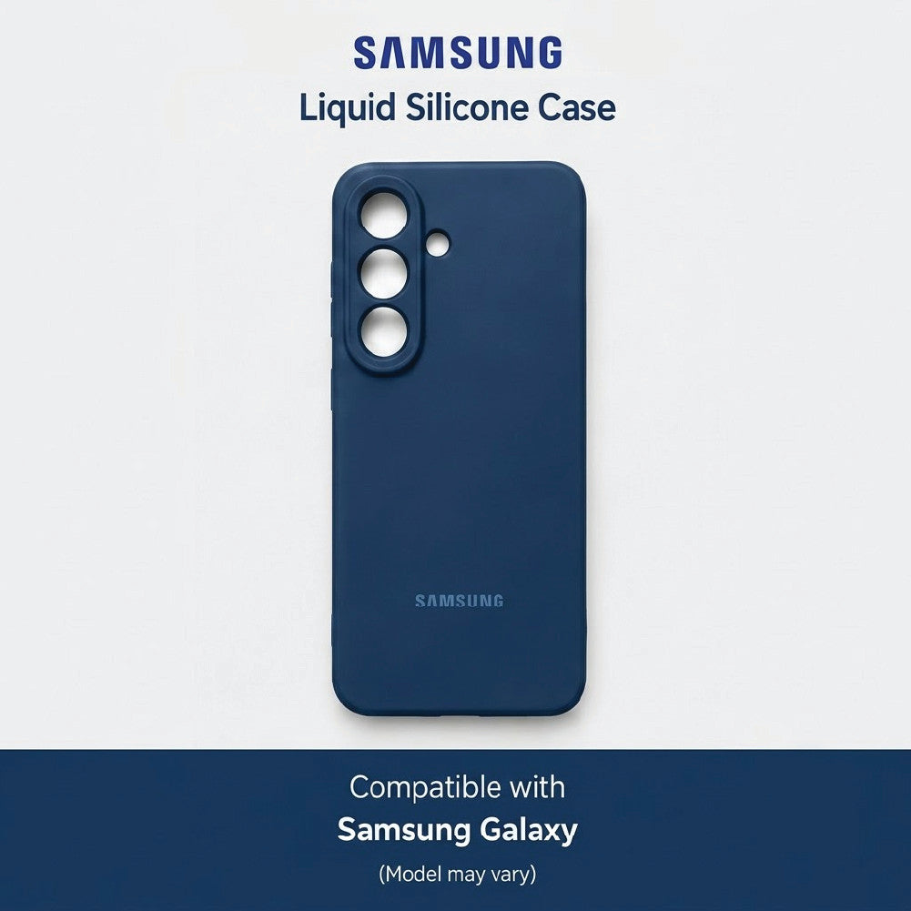 Back view of blue liquid silicone case for Samsung Galaxy S26 – slim fit with precise camera cutouts
