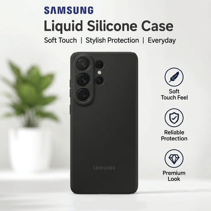 Samsung Galaxy S26 Ultra black liquid silicone case – soft touch feel, reliable protection, premium look
