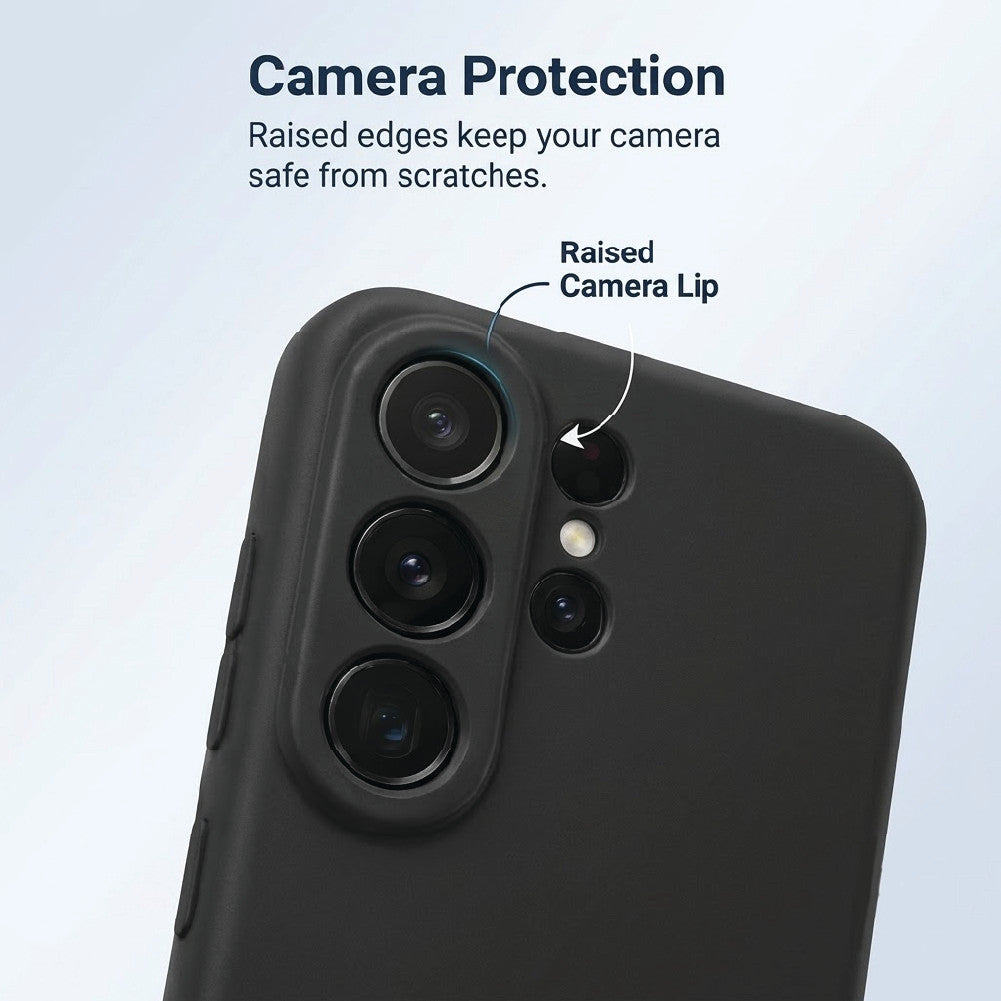 Samsung Galaxy S26 Ultra black silicone case camera protection – raised lip keeps lenses safe from scratches