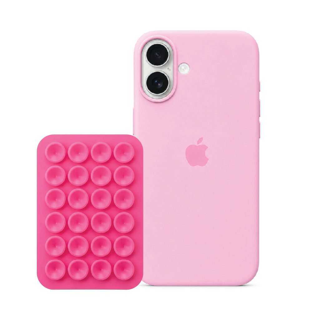 iPhone 16 Baby Pink Liquid Silicone case with Hot Pink suction holder