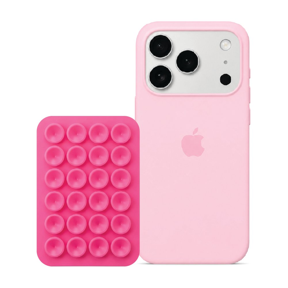 iPhone 17 Pro Max Baby Pink Liquid Silicone case with Hot Pink suction holder