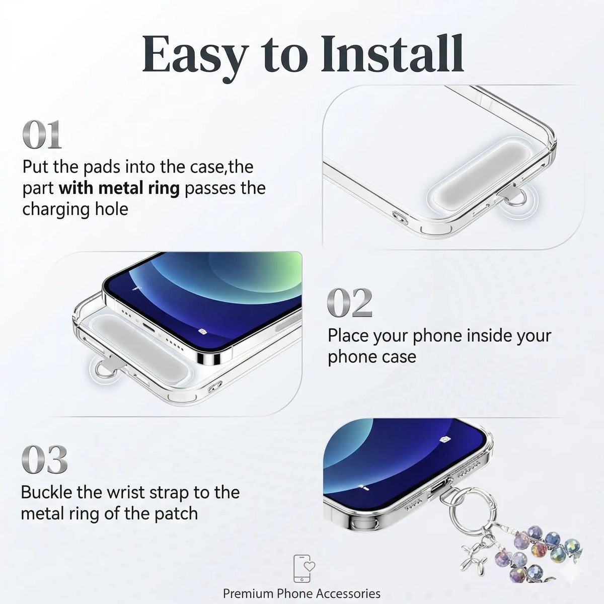 How to install the crystal phone charm: patch inside the case, ring through the charging hole
