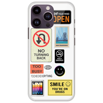 Retro Labels - Clear Printed Silicone Case for Apple iPhone 14 Pro