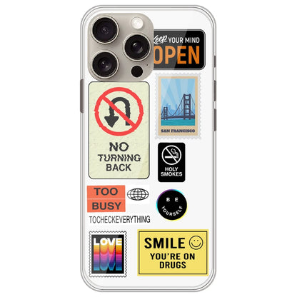 Retro Labels - Clear Printed Silicone Case for Apple iPhone 16 Pro