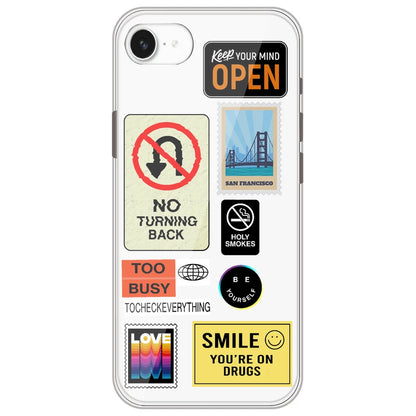 Retro Labels - Clear Printed Silicone Case for Apple iPhone 16e