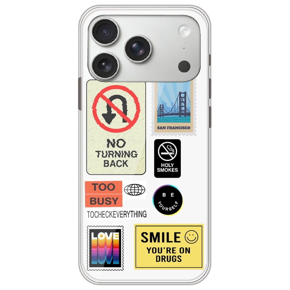 Retro Labels - Clear Printed Silicone Case for Apple iPhone 17 Pro