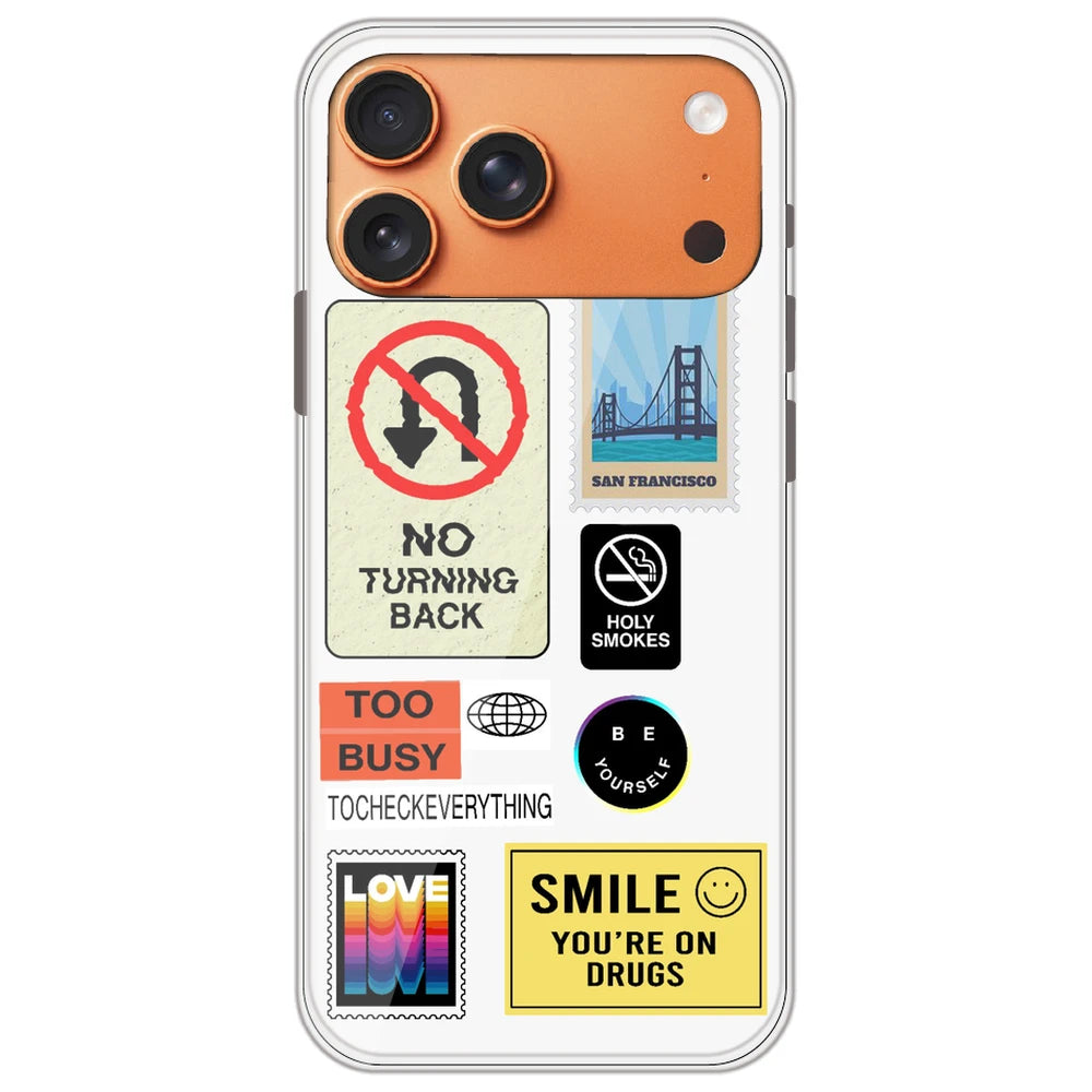 Retro Labels - Clear Printed Silicone Case for Apple iPhone 17 Pro Max