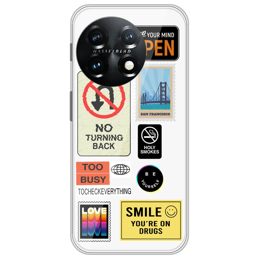 Retro Labels - Clear Printed Silicone Case for OnePlus 11