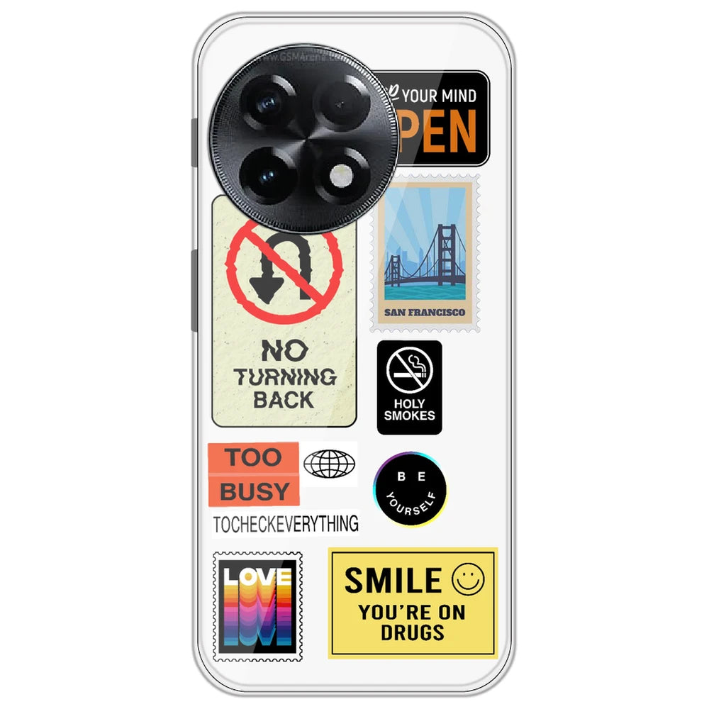 Retro Labels - Clear Printed Silicone Case for OnePlus 11R
