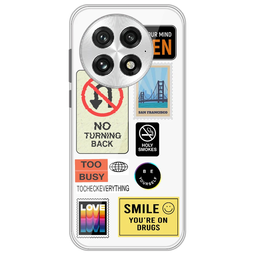 Retro Labels - Clear Printed Silicone Case for OnePlus 13