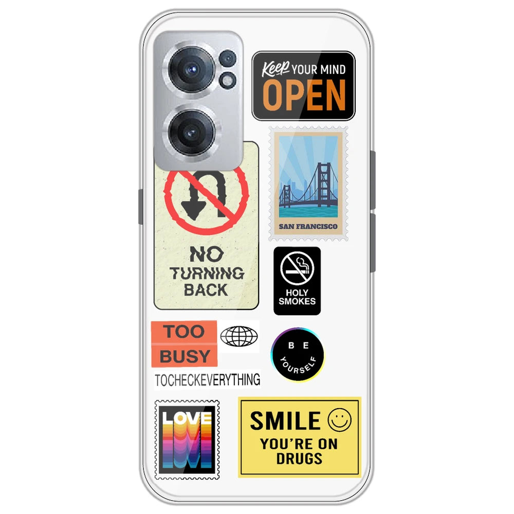 Retro Labels - Clear Printed Silicone Case for OnePlus Nord CE 2