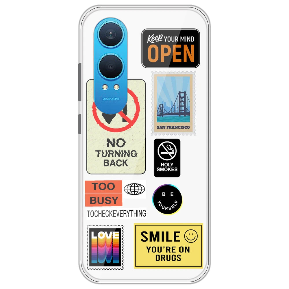 Retro Labels - Clear Printed Silicone Case for OnePlus Nord CE 4 Lite