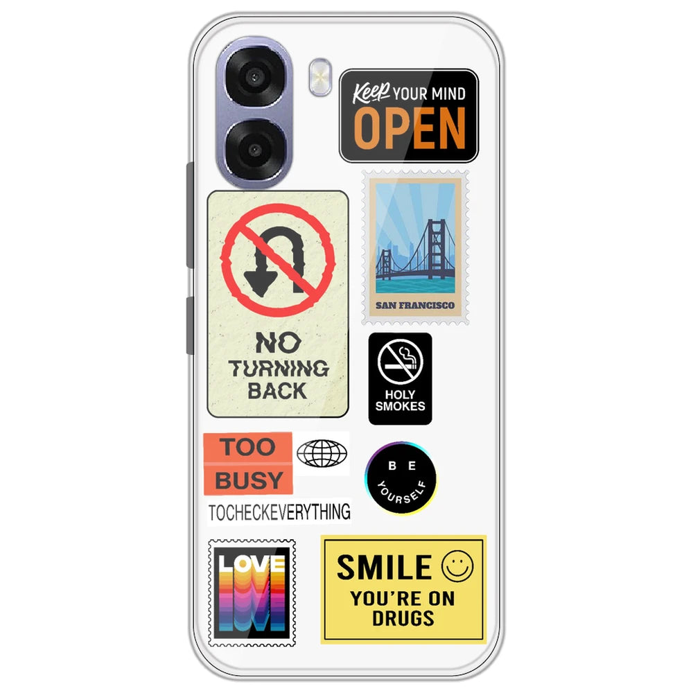 Retro Labels - Clear Printed Silicone Case for Oppo A6 5G